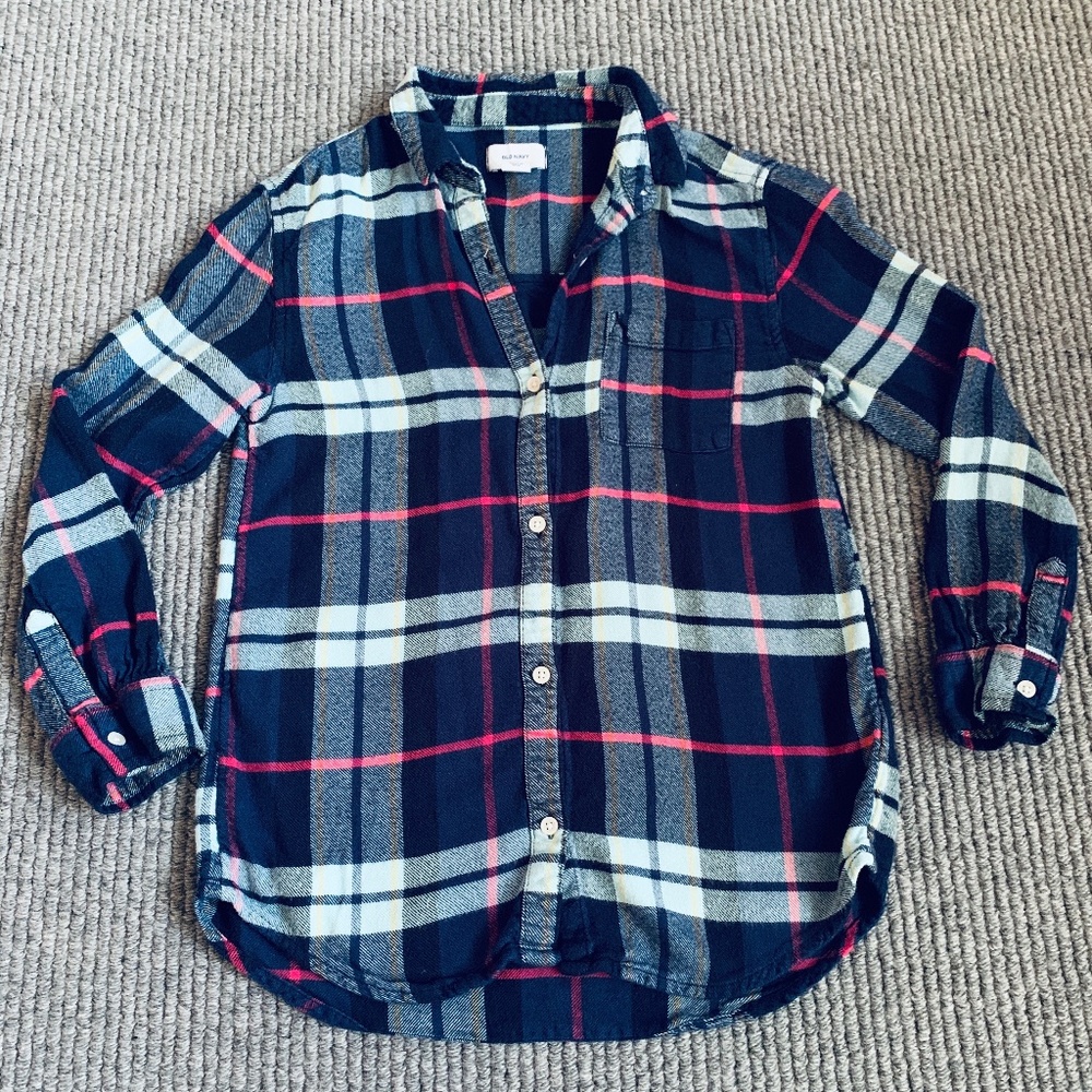 Flannel Button Down - Blue with Pink